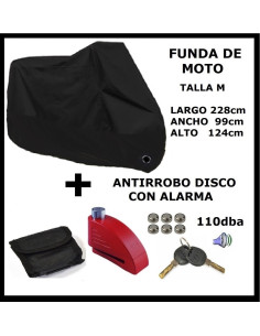 FUNDA DE MOTO TALLA M + ANTIRROBO DE DISCO CON ALARMA