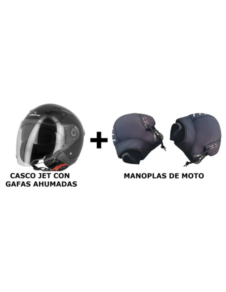 CASCO JET NEGRO BRILLO CON GAFAS INTERIORES + MANOPLAS DE MOTO