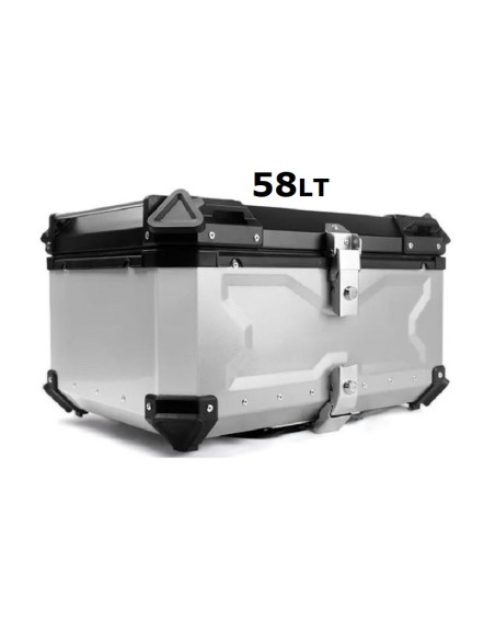 MALETA BAUL TRASERO ALUMINIO PLATA 58 LITROS + PARRILLA DE ALUMINIO