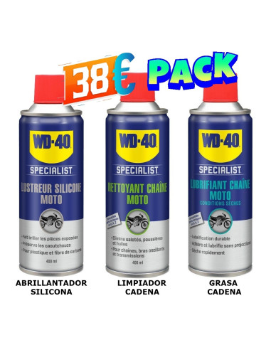 PACK WD-40 GRASA CADENA + LIMPIADOR CADENA + ABRILLANTADOR SILICONA